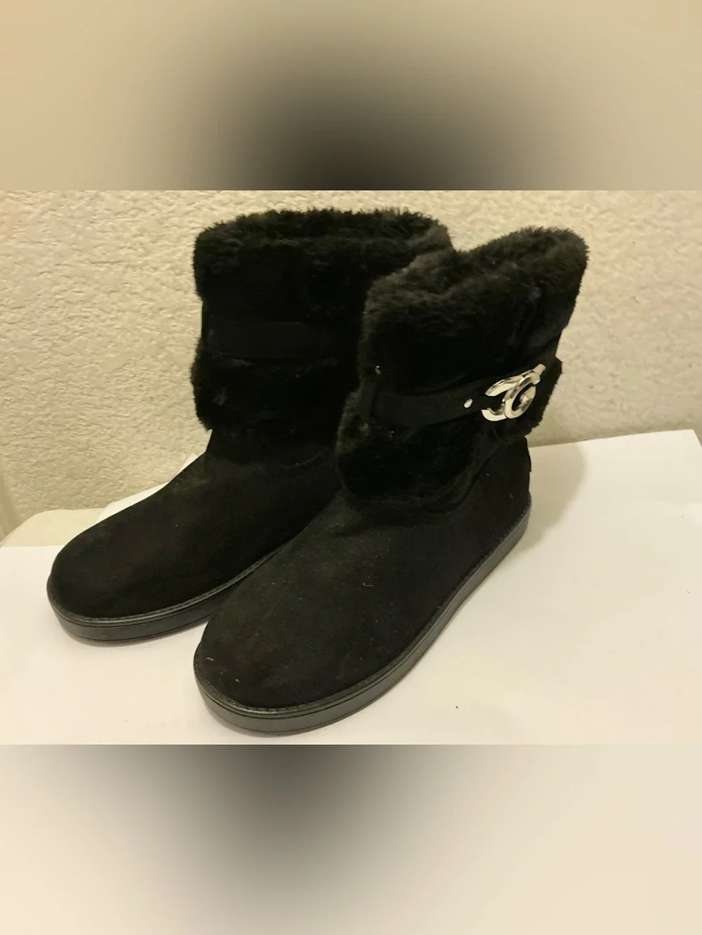 G by Guess Black Faux Fur Ankle Boots with Silver Accent